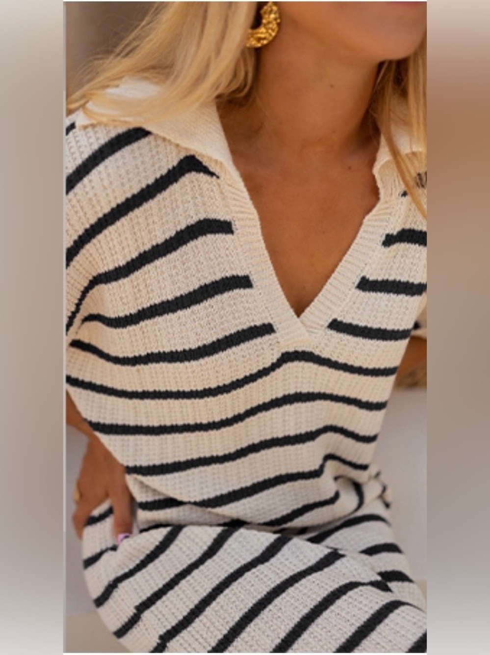 ZESICA Striped Knit Polo Midi Dress | Tan & Black | Size Large